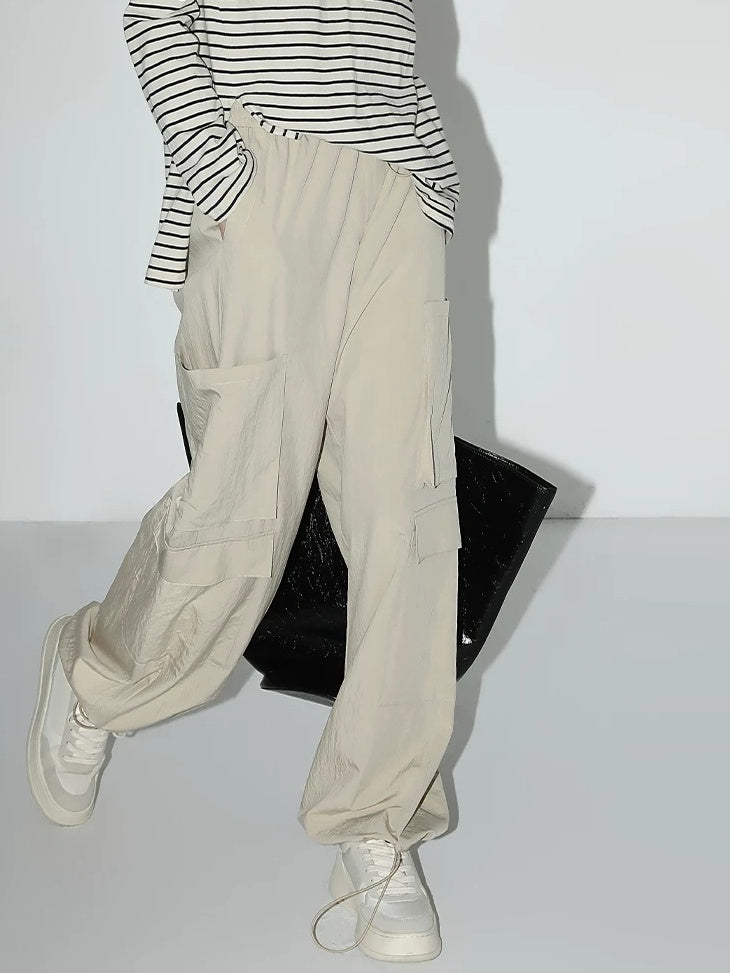 COCOBELLA Soft Viscose Nylon Blend Pocket Cargo Wide Leg Natural Waist Women Khaki Pants