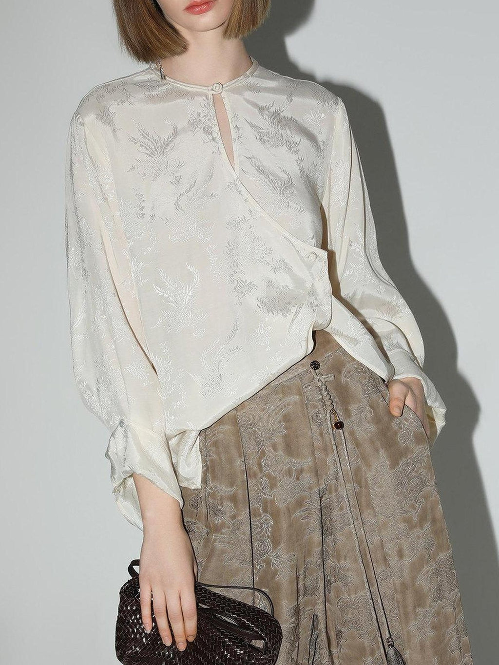 COCOBELLA Soft Viscose Ruched Asymmetric Jacquard Loose Fit Women Long Sleeve T-Shirts