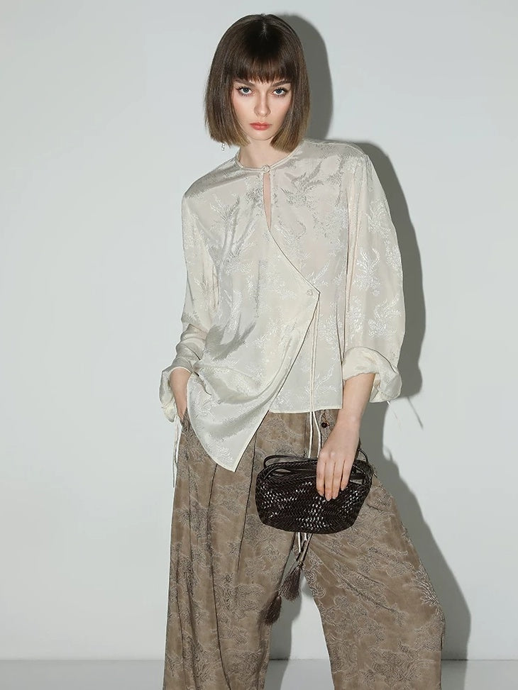 COCOBELLA Soft Viscose Ruched Asymmetric Jacquard Loose Fit Women Long Sleeve T-Shirts