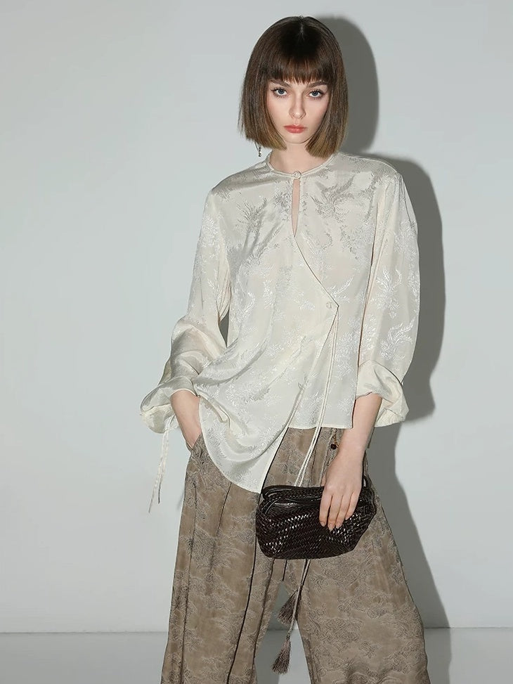 COCOBELLA Soft Viscose Ruched Asymmetric Jacquard Loose Fit Women Long Sleeve T-Shirts