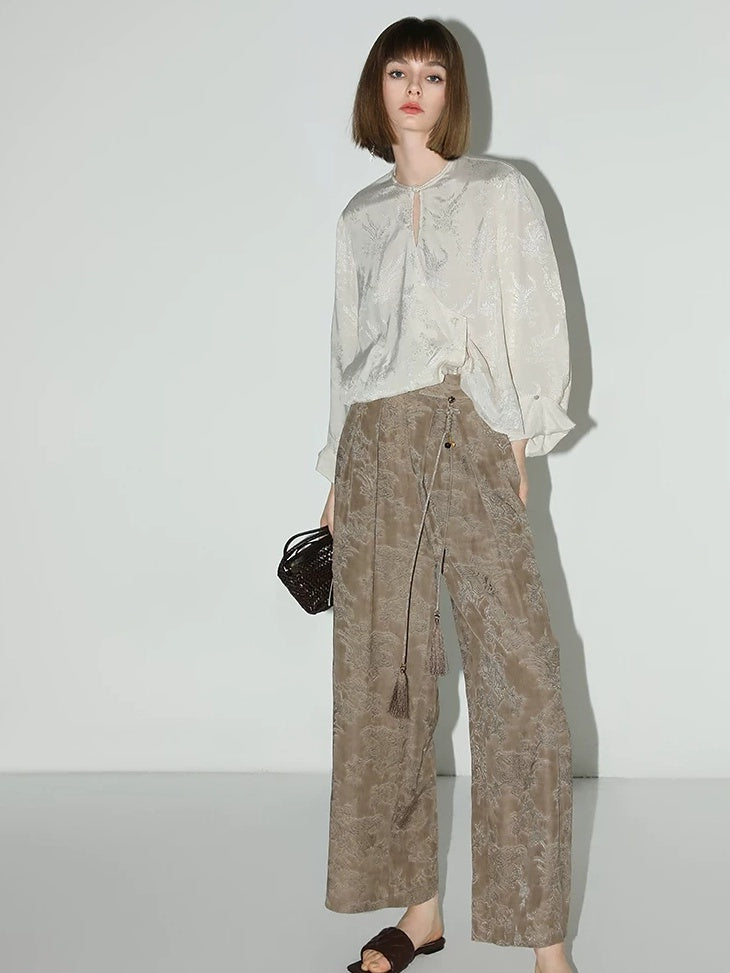 COCOBELLA Soft Viscose Ruched Asymmetric Jacquard Loose Fit Women Long Sleeve T-Shirts