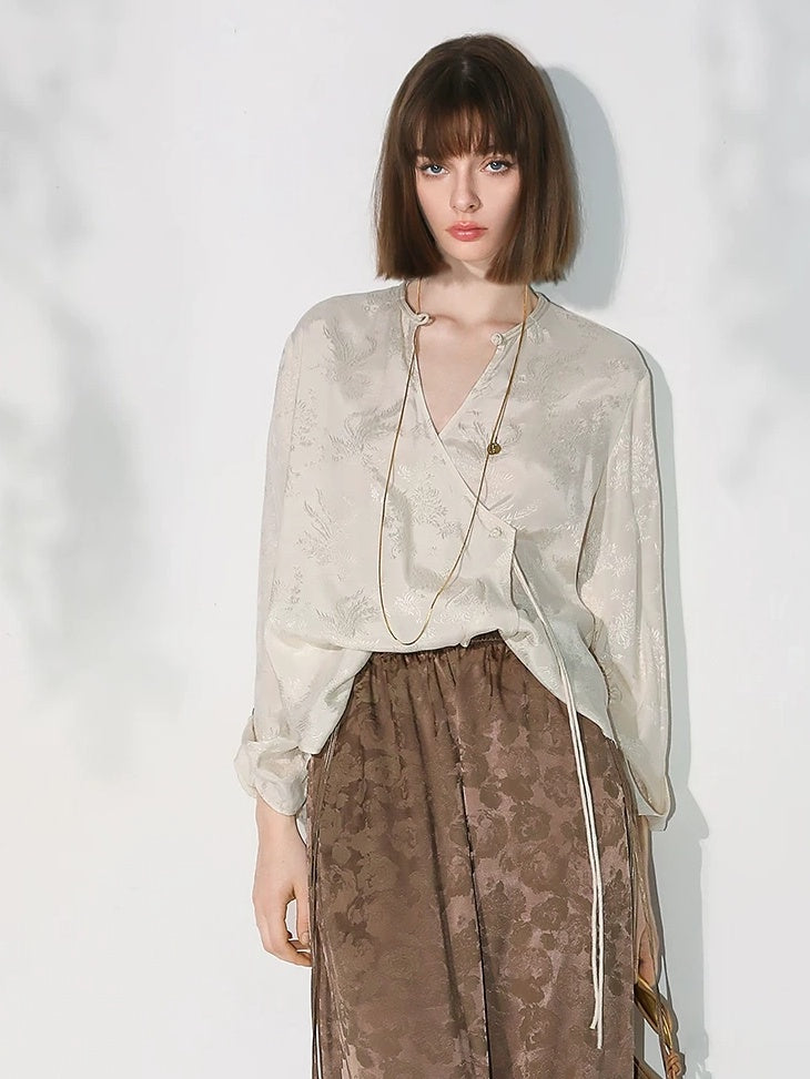 COCOBELLA Soft Viscose Ruched Asymmetric Jacquard Loose Fit Women Long Sleeve T-Shirts