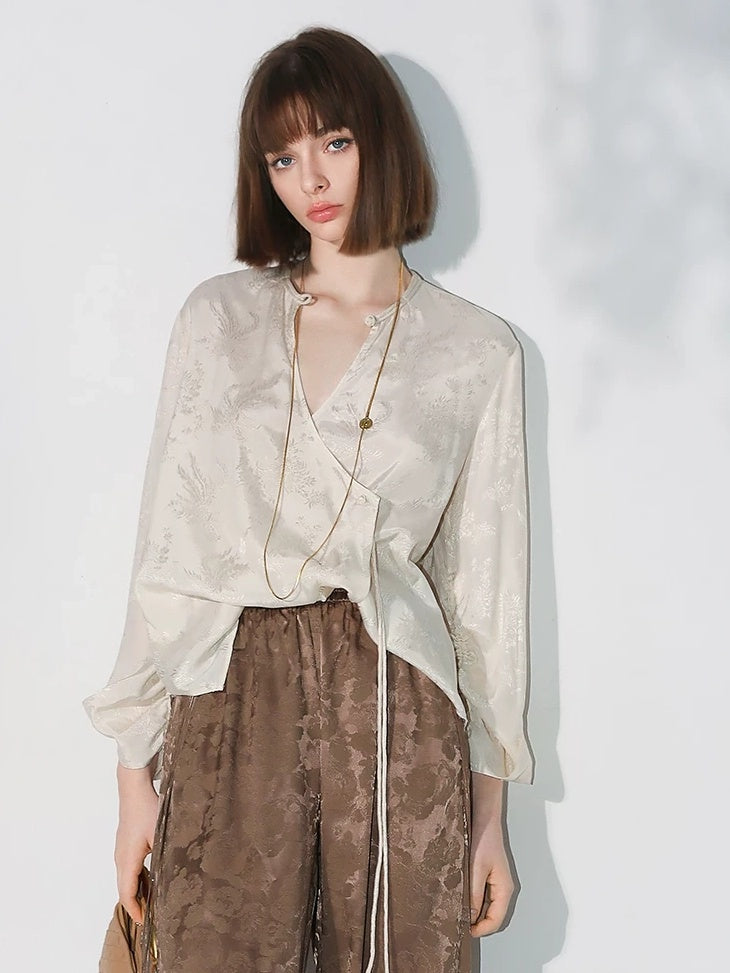 COCOBELLA Soft Viscose Ruched Asymmetric Jacquard Loose Fit Women Long Sleeve T-Shirts