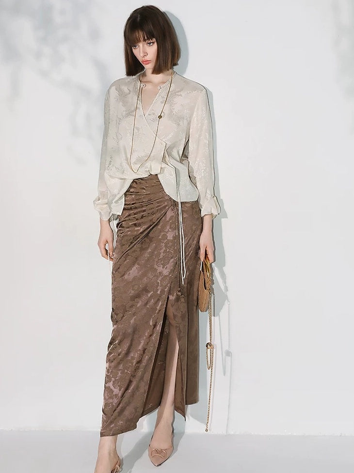 COCOBELLA Soft Viscose Ruched Asymmetric Jacquard Loose Fit Women Long Sleeve T-Shirts