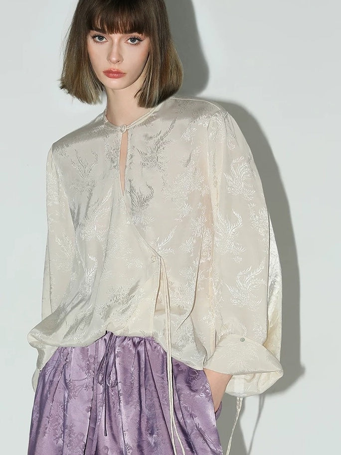 COCOBELLA Soft Viscose Ruched Asymmetric Jacquard Loose Fit Women Long Sleeve T-Shirts