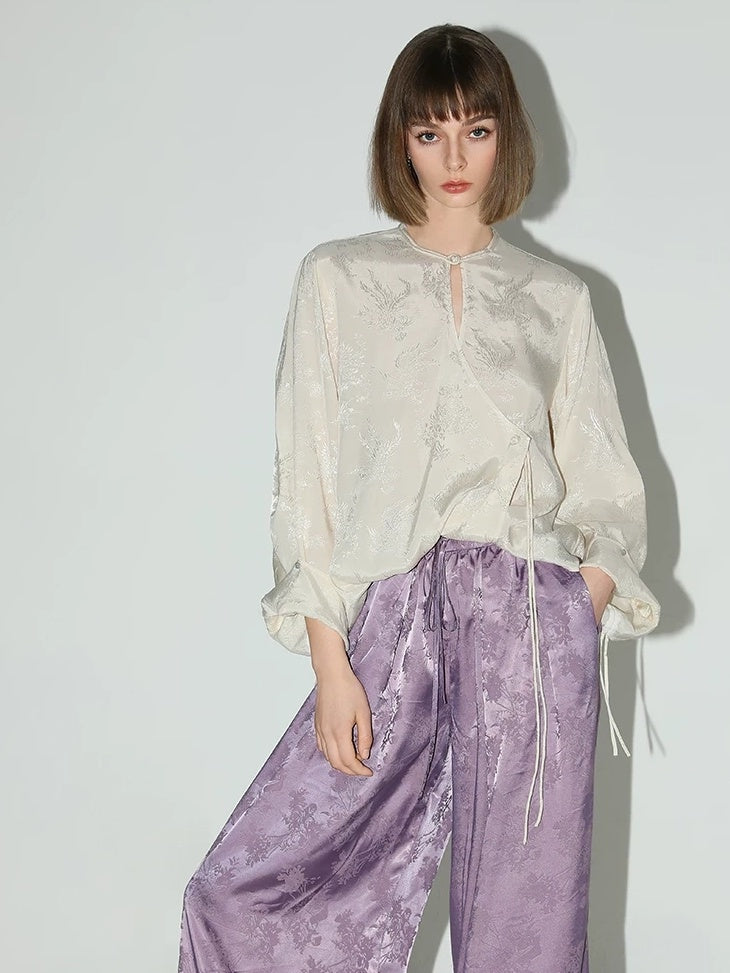 COCOBELLA Soft Viscose Ruched Asymmetric Jacquard Loose Fit Women Long Sleeve T-Shirts