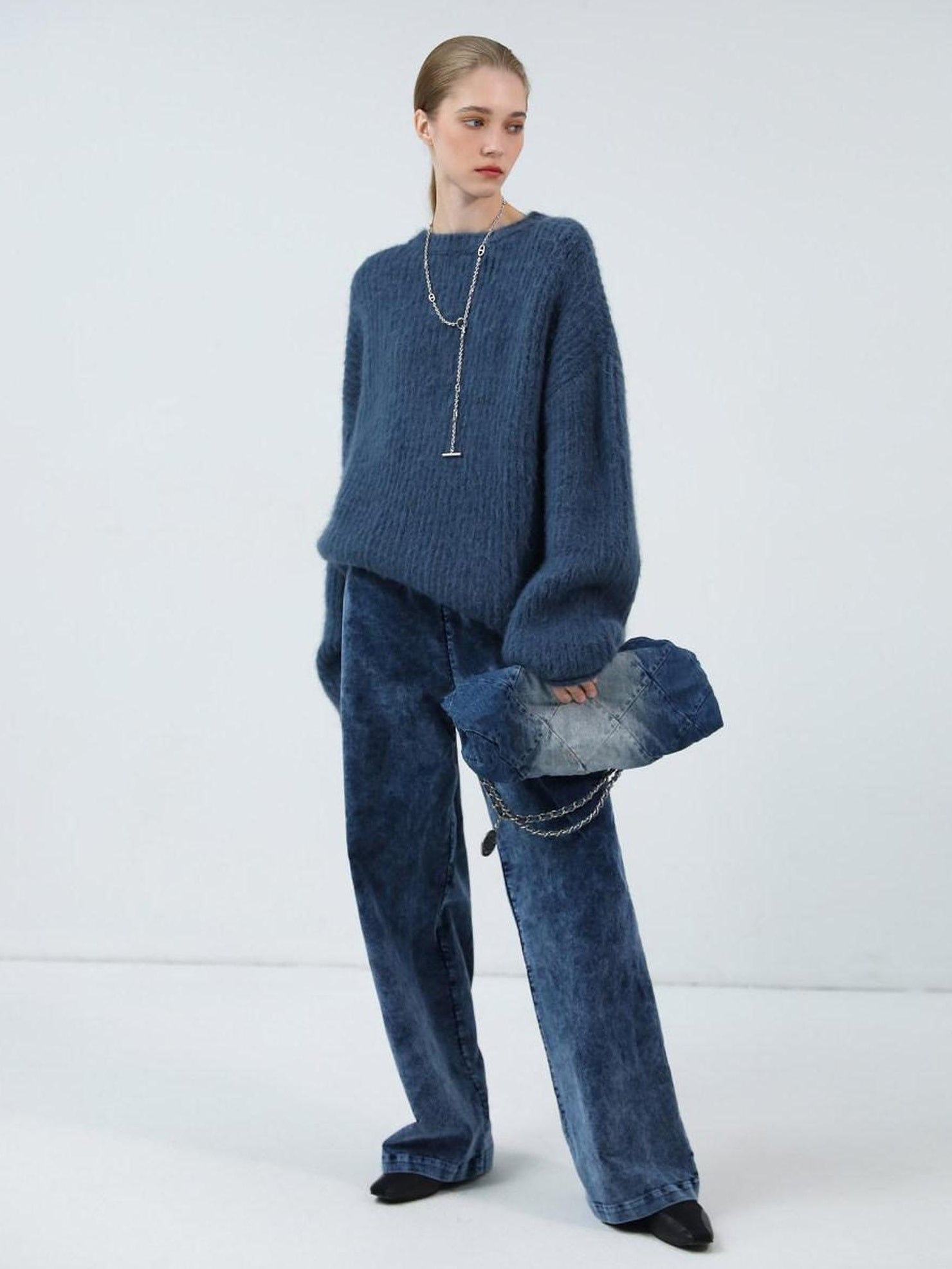 COCOBELLA Soft Washed Cotton Wide Leg Elastic Waist Vintage Work Women Denim Blue Pants