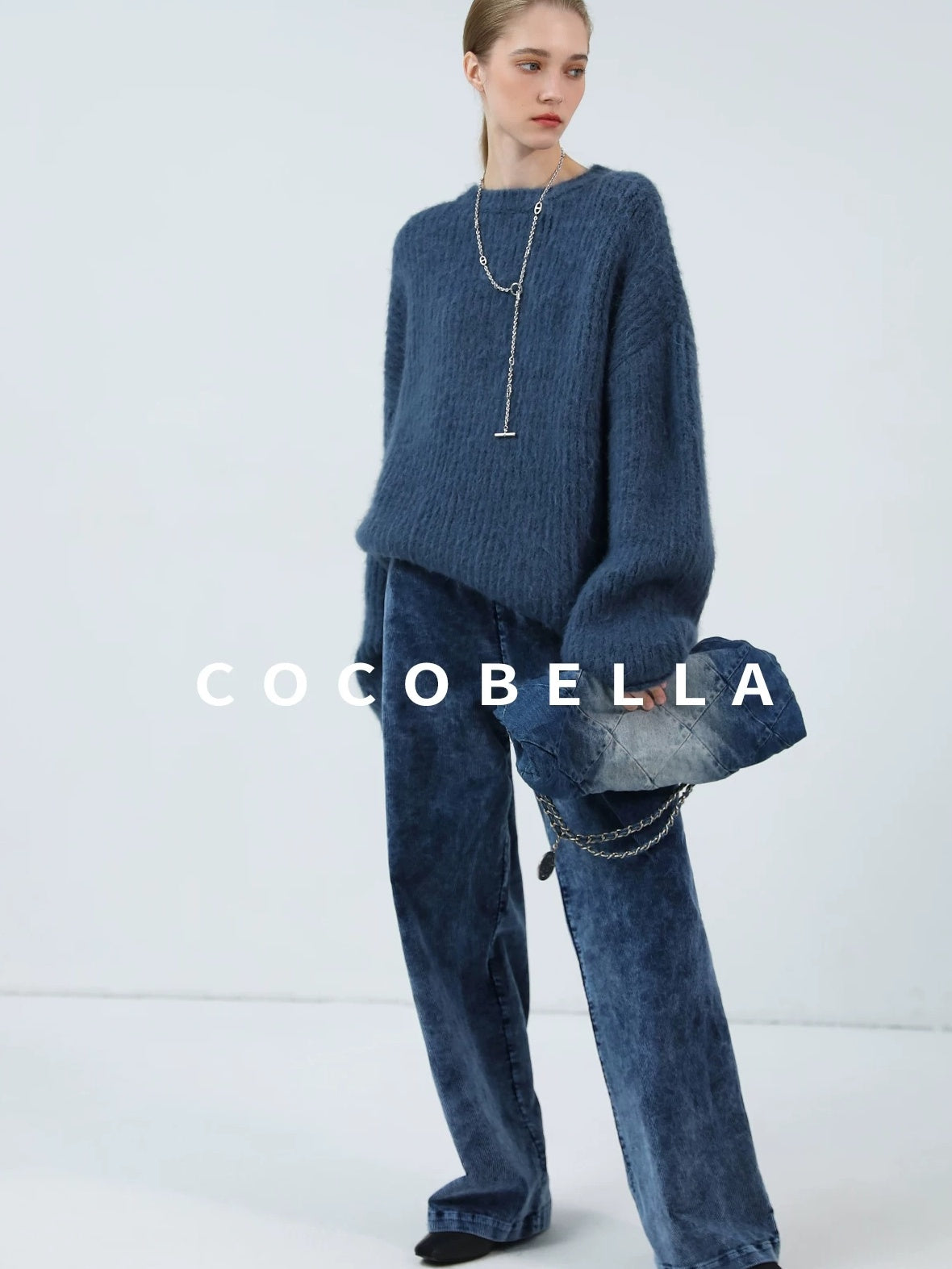 COCOBELLA Soft Washed Cotton Wide Leg Elastic Waist Vintage Work Women Denim Blue Pants