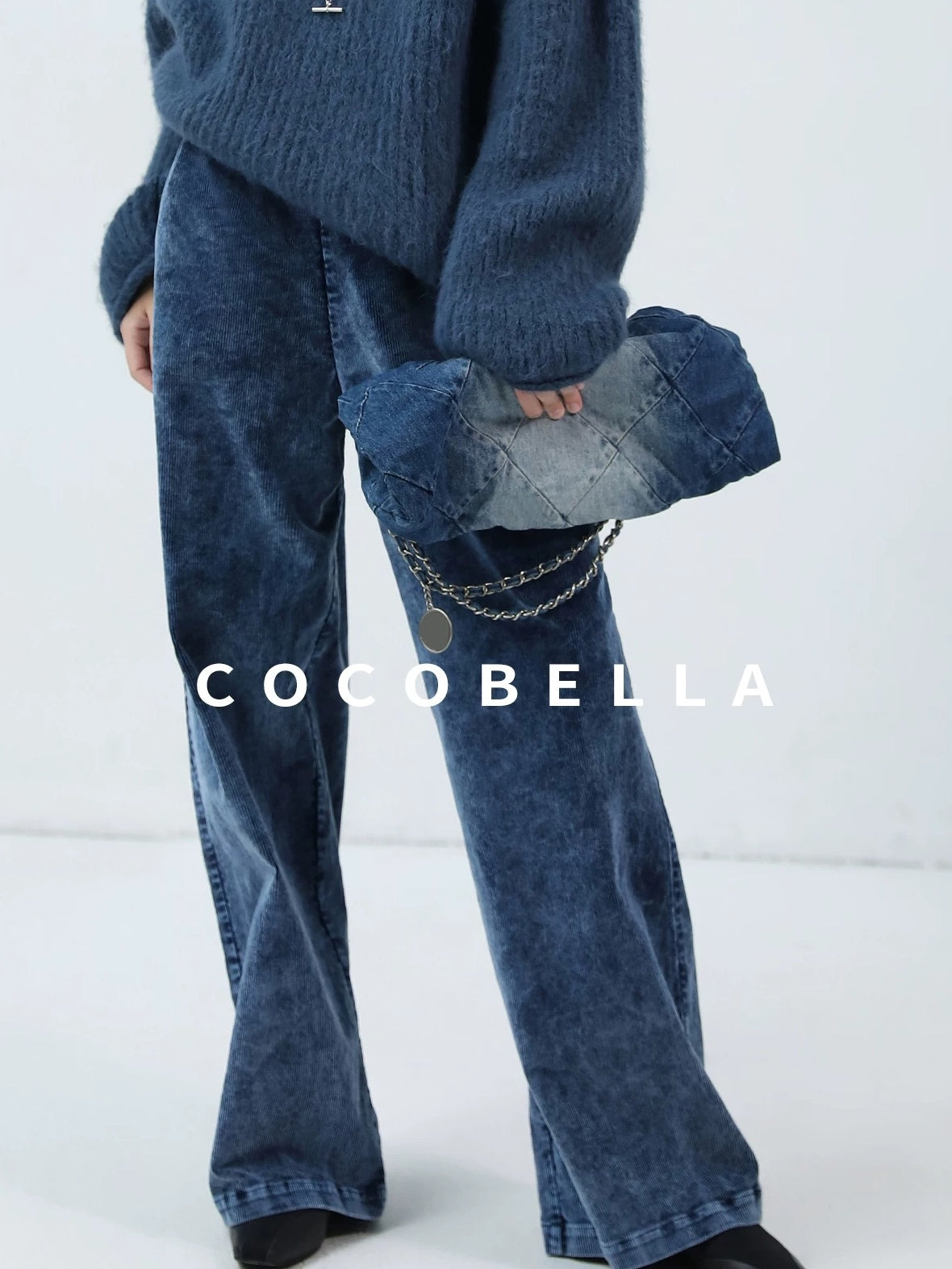 COCOBELLA Soft Washed Cotton Wide Leg Elastic Waist Vintage Work Women Denim Blue Pants