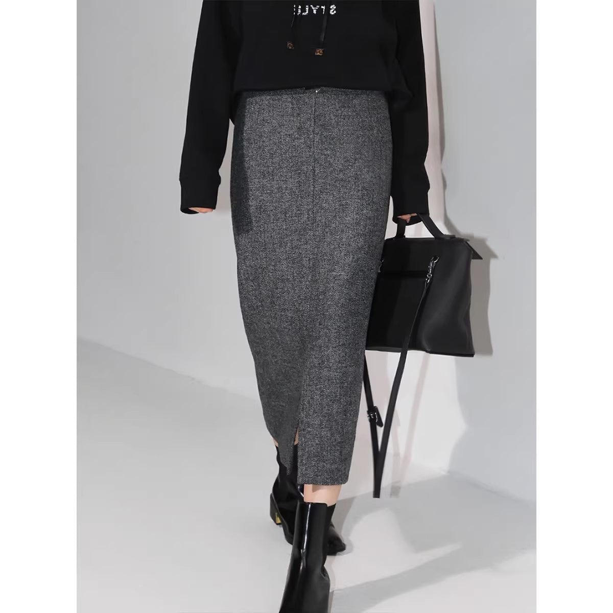 COCOBELLA_Soft_Wool_Blend_Belted_Slit_Herringbone_Ol_Straight_Office_Ladies_Skirts_MISSTT