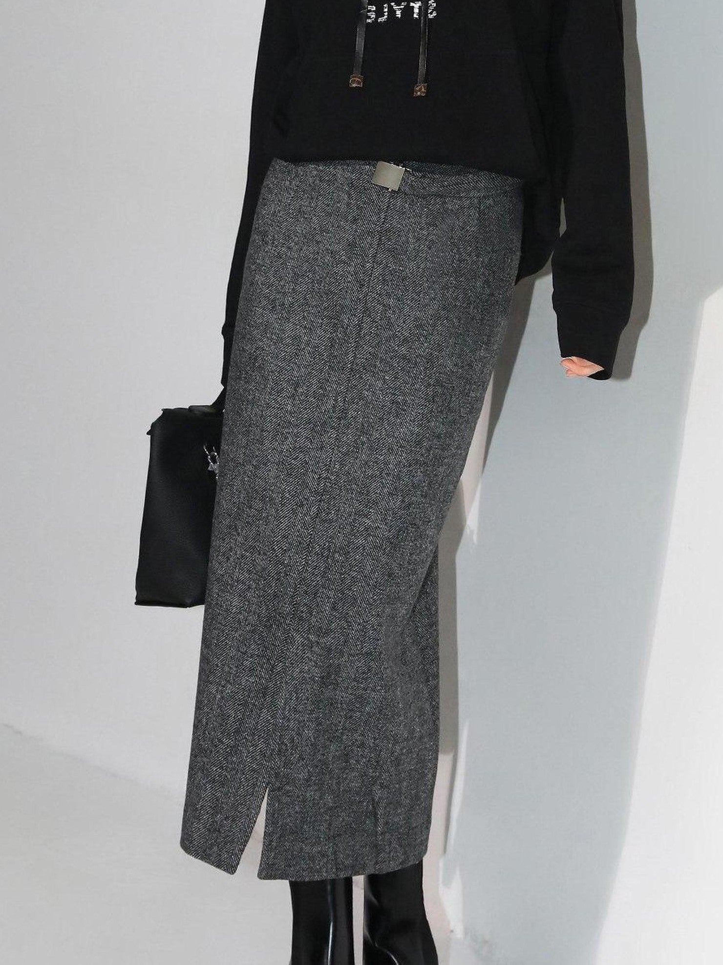 COCOBELLA Soft Wool Blend Belted Slit Herringbone Ol Straight Office Ladies Skirts