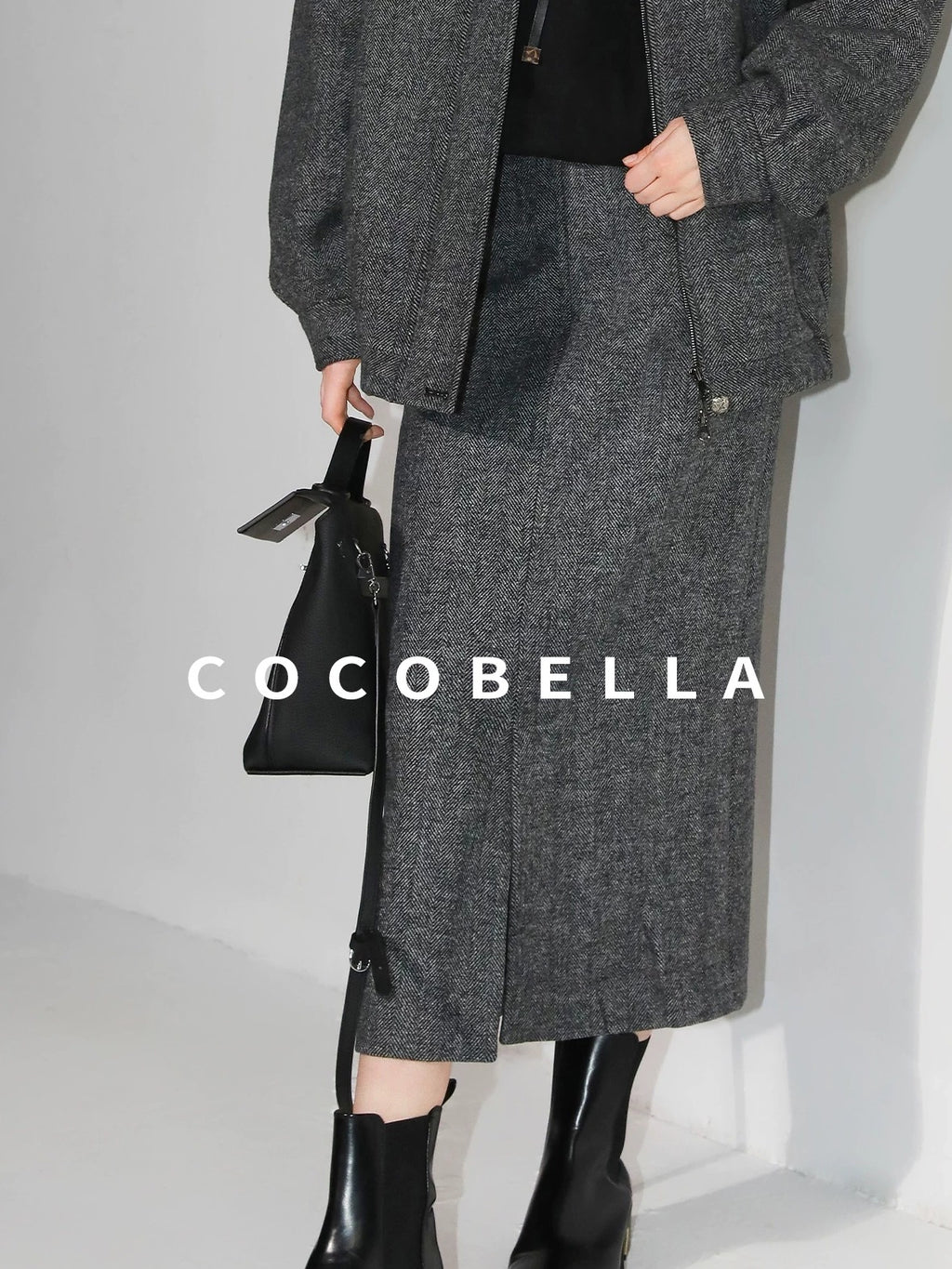 COCOBELLA Soft Wool Blend Belted Slit Herringbone Ol Straight Office Ladies Skirts