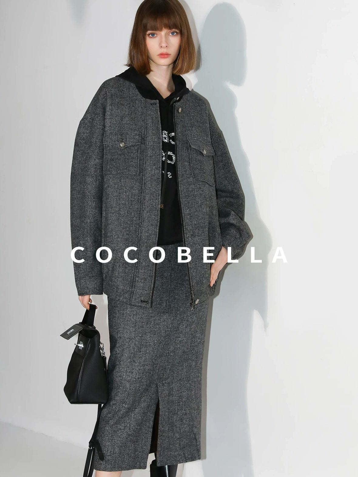 COCOBELLA Soft Wool Blend Belted Slit Herringbone Ol Straight Office Ladies Skirts