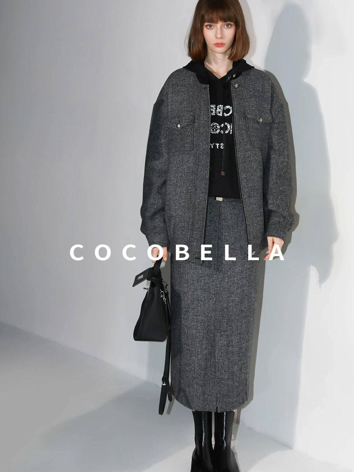 COCOBELLA Soft Wool Blend Belted Slit Herringbone Ol Straight Office Ladies Skirts