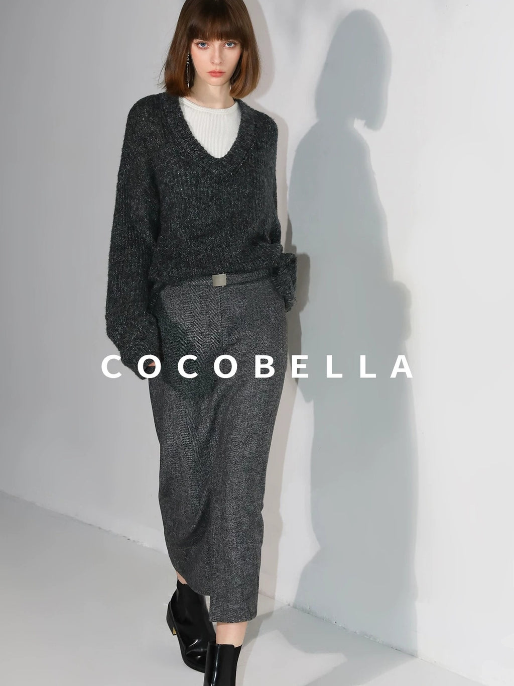 COCOBELLA Soft Wool Blend Belted Slit Herringbone Ol Straight Office Ladies Skirts