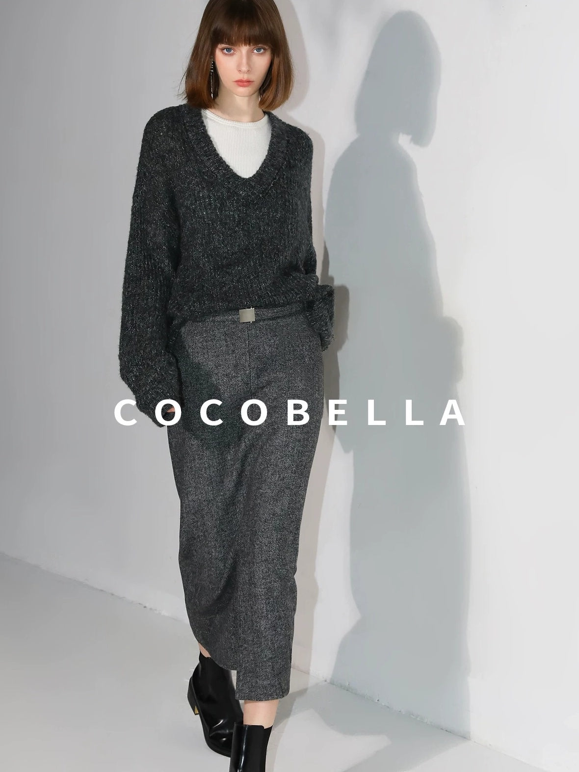 COCOBELLA Soft Wool Blend Belted Slit Herringbone Ol Straight Office Ladies Skirts