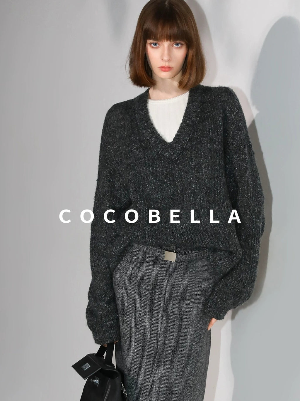 COCOBELLA Soft Wool Blend Belted Slit Herringbone Ol Straight Office Ladies Skirts