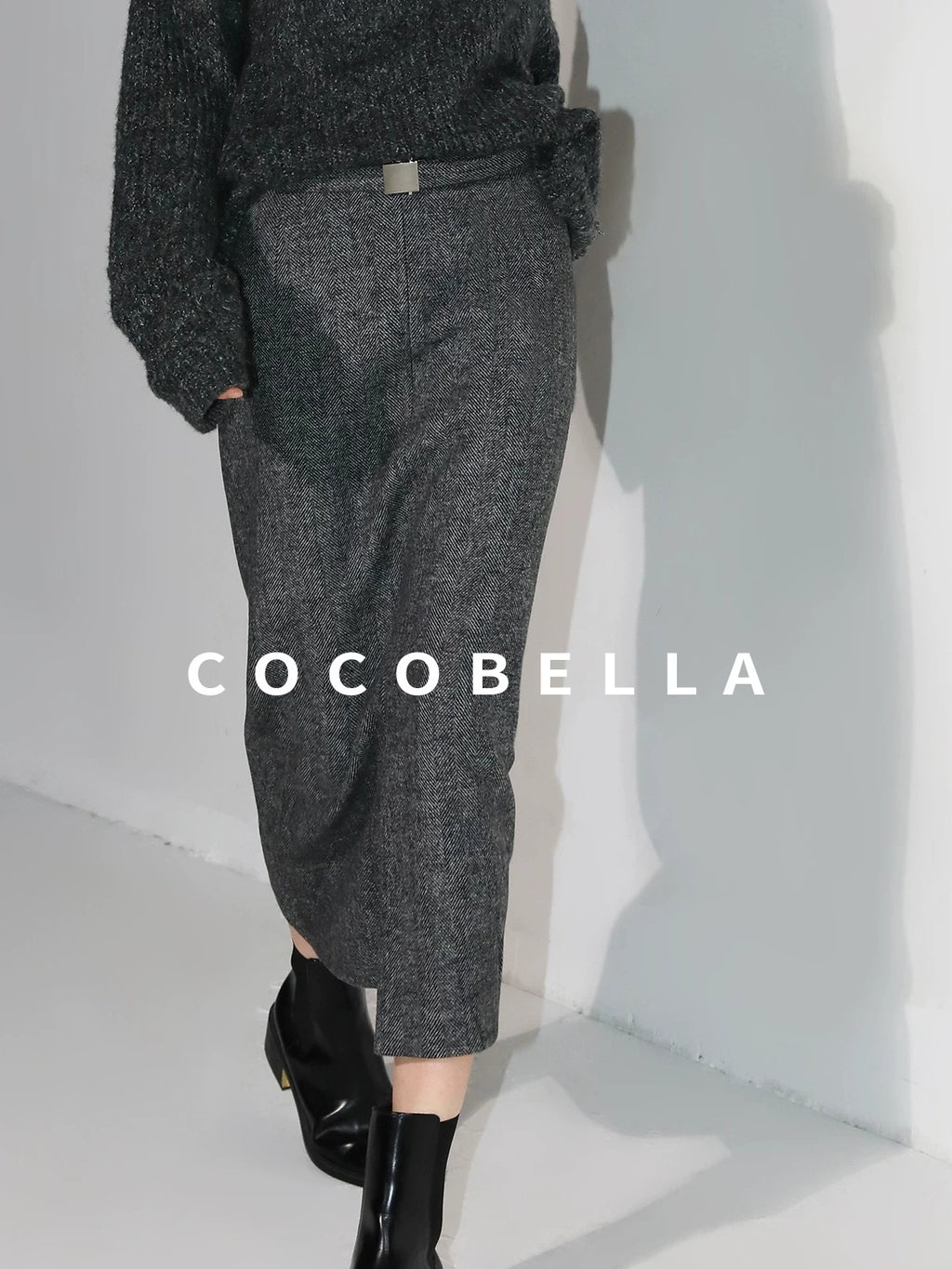 COCOBELLA Soft Wool Blend Belted Slit Herringbone Ol Straight Office Ladies Skirts