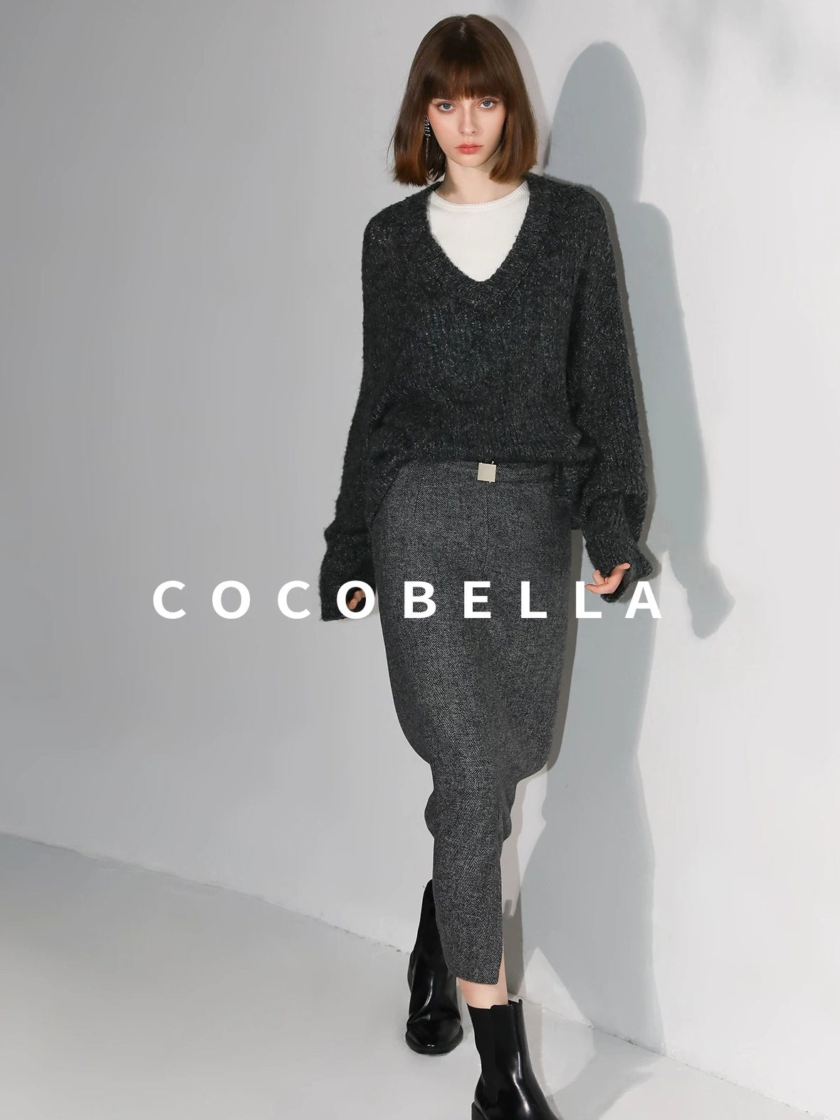 COCOBELLA Soft Wool Blend Belted Slit Herringbone Ol Straight Office Ladies Skirts