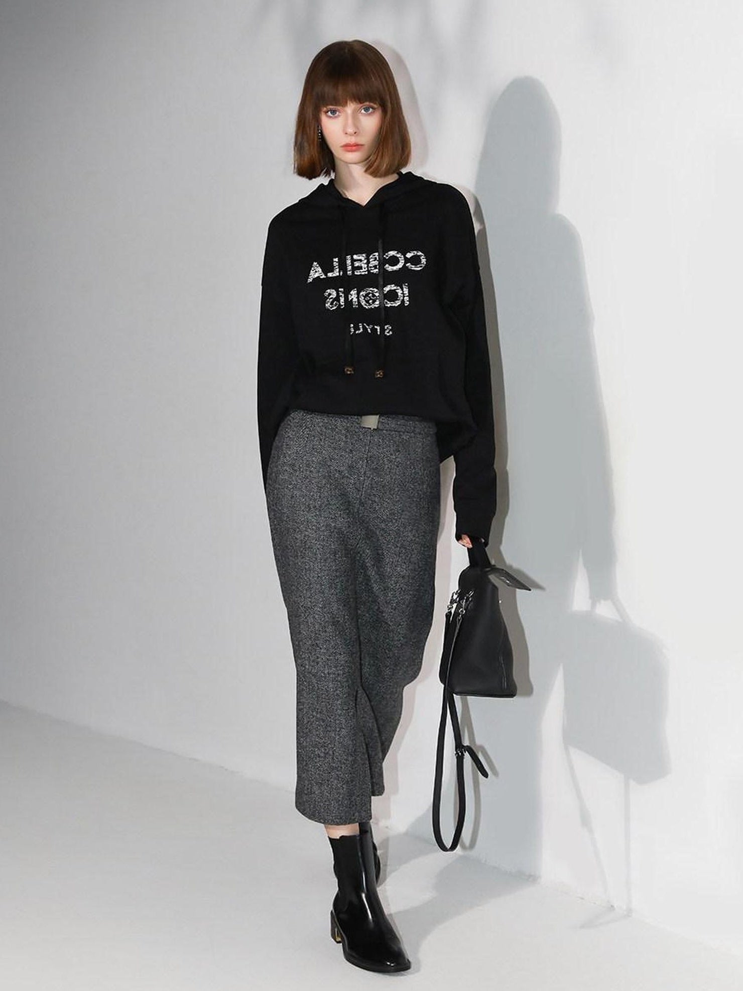 COCOBELLA Soft Wool Blend Belted Slit Herringbone Ol Straight Office Ladies Skirts