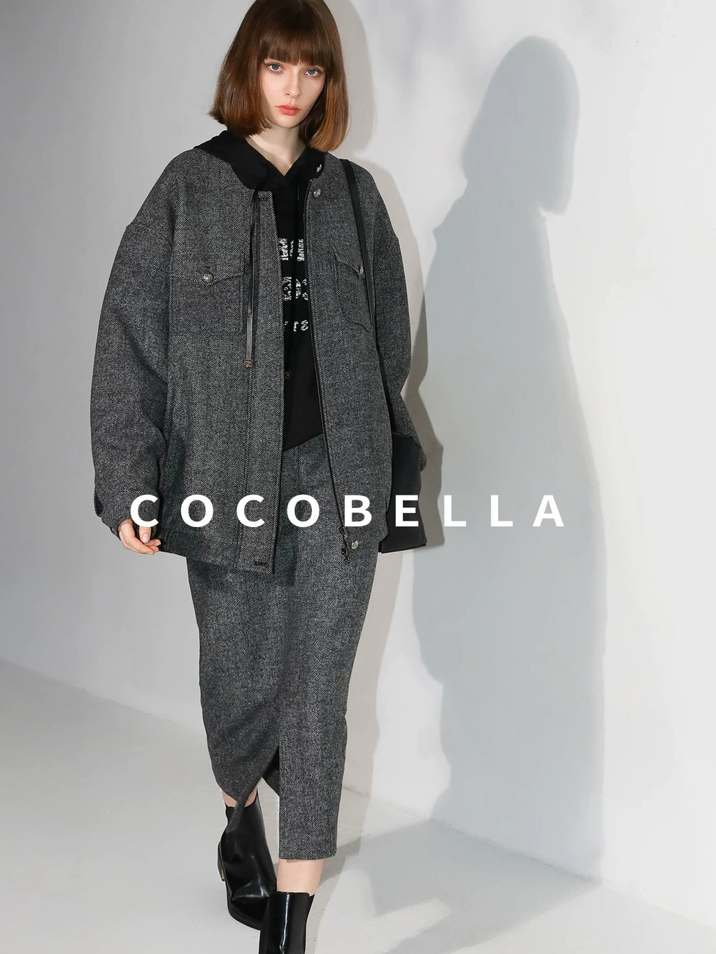 COCOBELLA Soft Wool Blend Belted Slit Herringbone Ol Straight Office Ladies Skirts