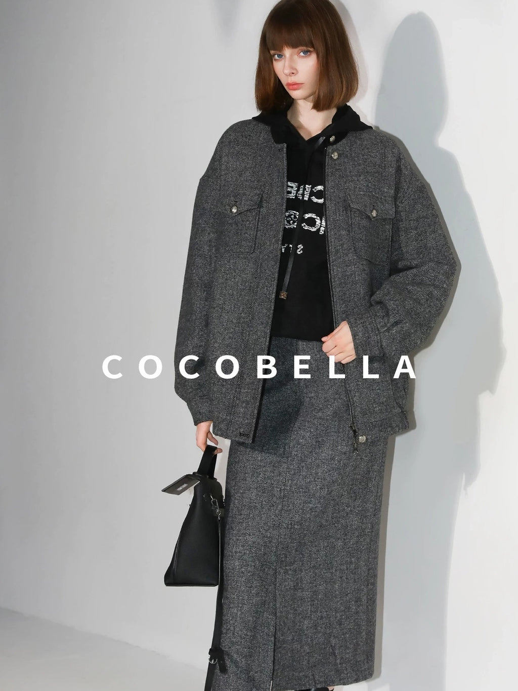 COCOBELLA Soft Wool Blend Belted Slit Herringbone Ol Straight Office Ladies Skirts