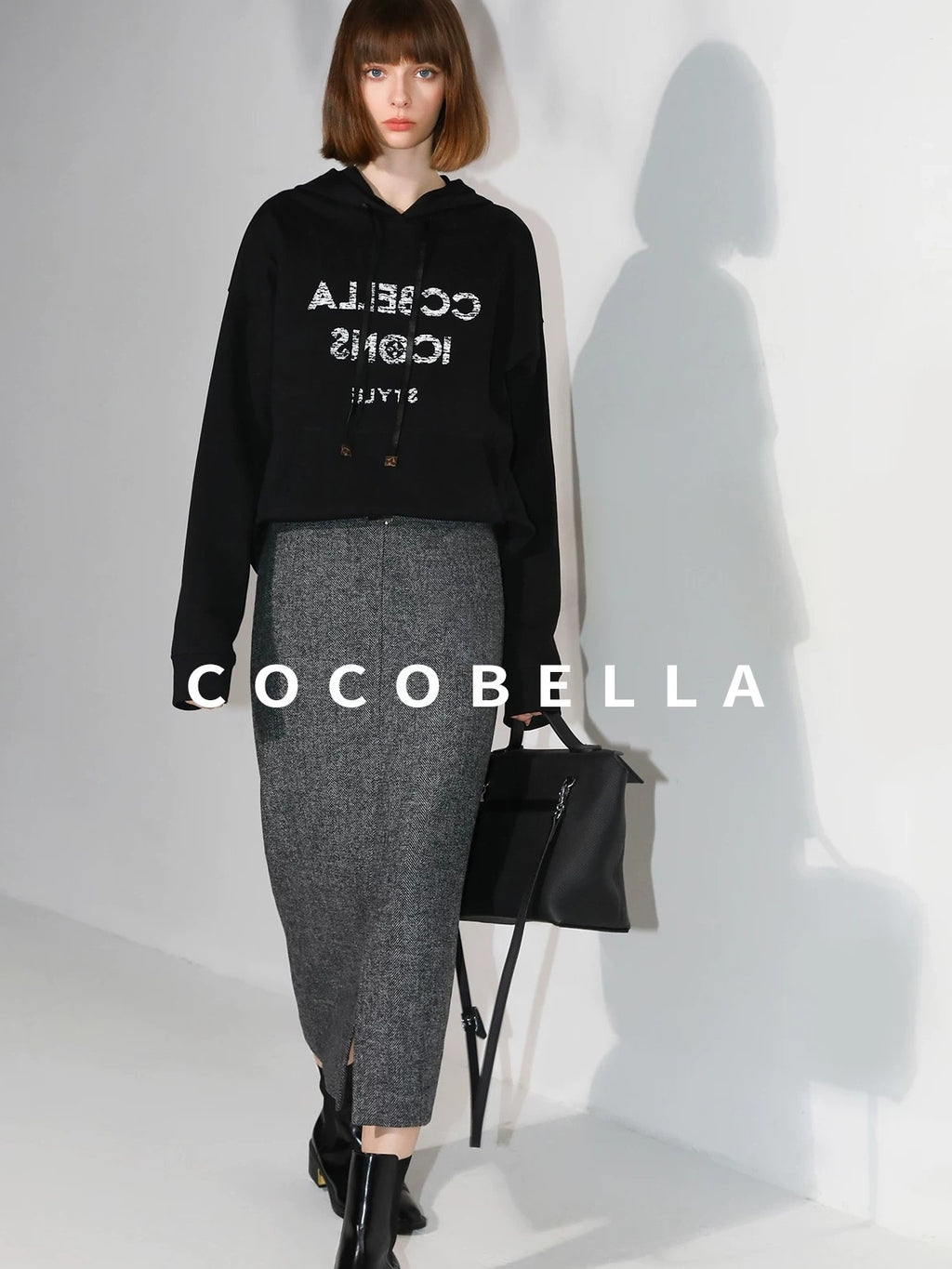 COCOBELLA Soft Wool Blend Belted Slit Herringbone Ol Straight Office Ladies Skirts