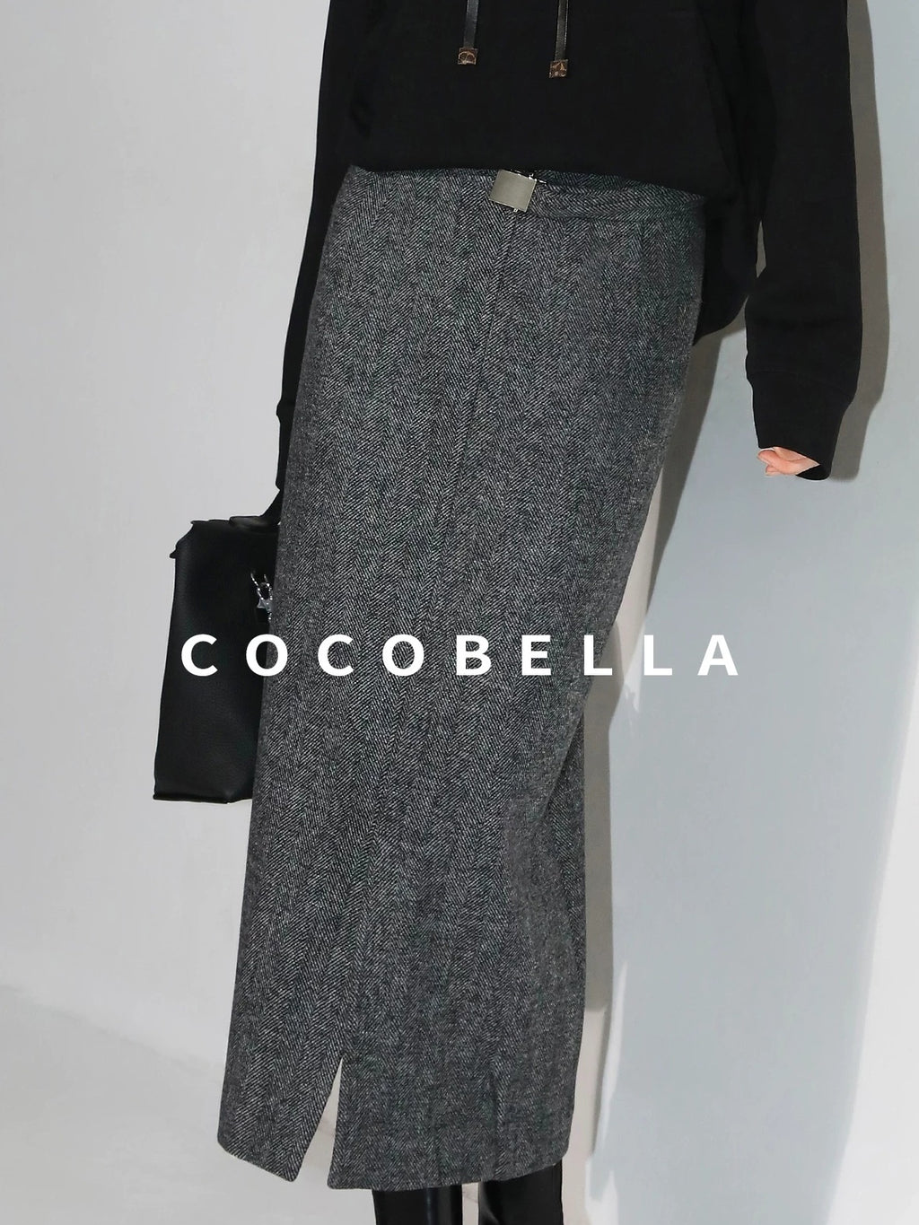 COCOBELLA Soft Wool Blend Belted Slit Herringbone Ol Straight Office Ladies Skirts