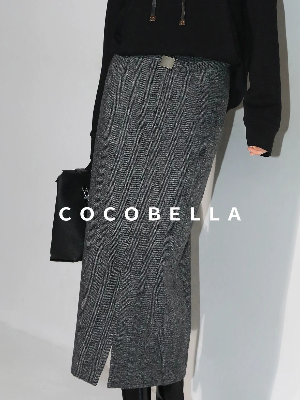 COCOBELLA Soft Wool Blend Belted Slit Herringbone Ol Straight Office Ladies Skirts