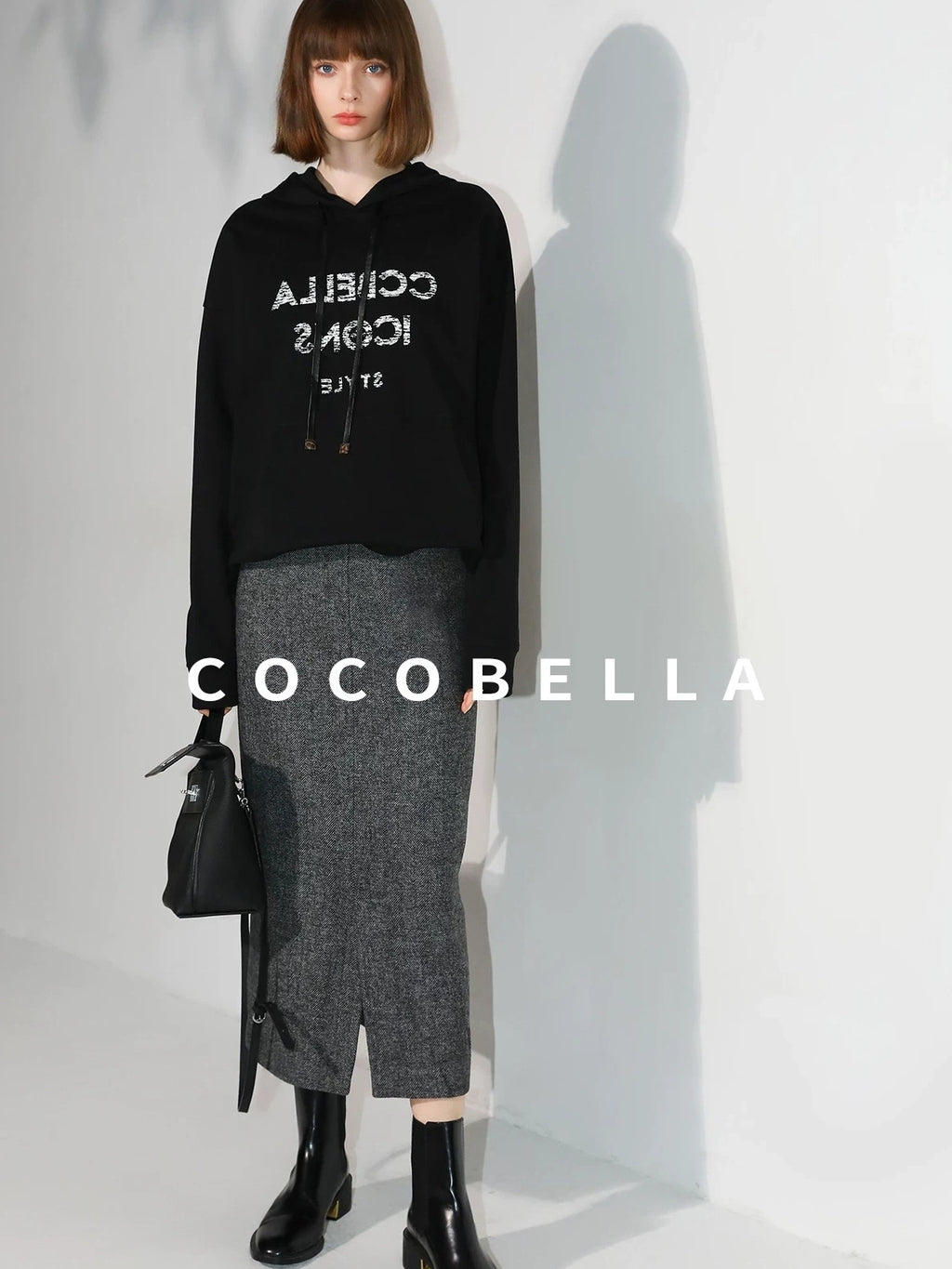 COCOBELLA Soft Wool Blend Belted Slit Herringbone Ol Straight Office Ladies Skirts