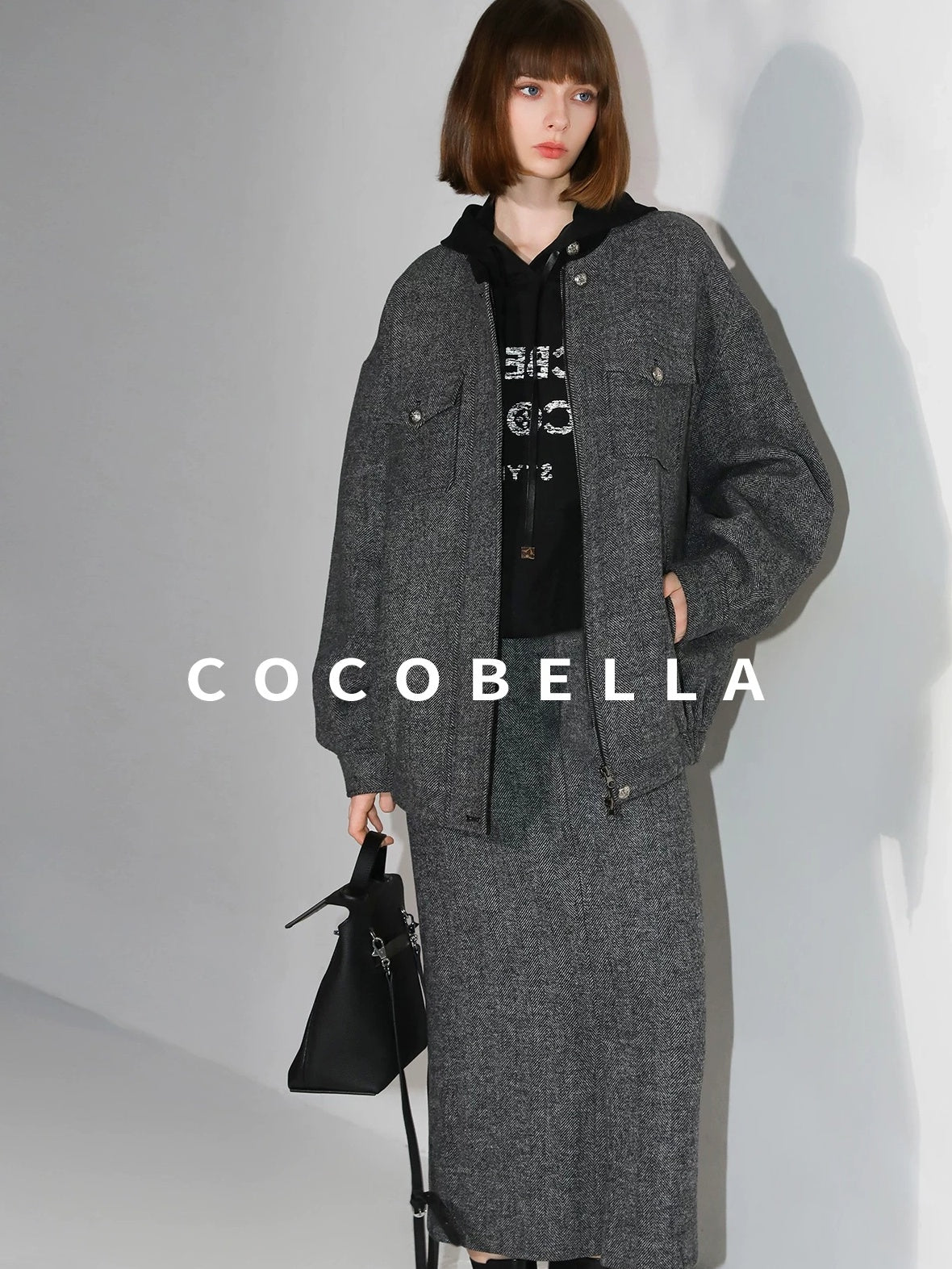 COCOBELLA Soft Wool Blend Belted Slit Herringbone Ol Straight Office Ladies Skirts