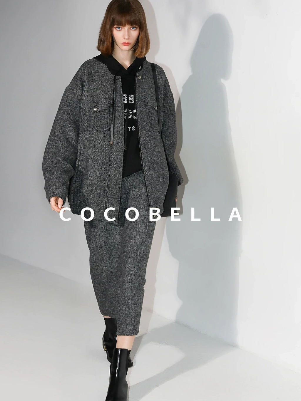 COCOBELLA Soft Wool Blend Belted Slit Herringbone Ol Straight Office Ladies Skirts