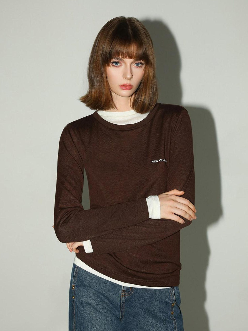 COCOBELLA Soft Wool Blend Colorblock Crewneck Straight Commuter Letter Long Sleeve Shirts