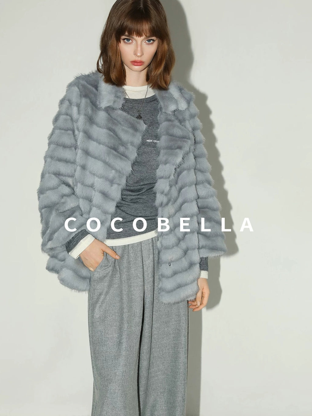 COCOBELLA Soft Wool Blend Colorblock Crewneck Straight Commuter Letter Long Sleeve Shirts