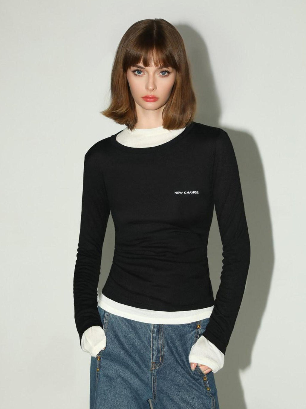 COCOBELLA Soft Wool Blend Colorblock Crewneck Straight Commuter Letter Long Sleeve Shirts