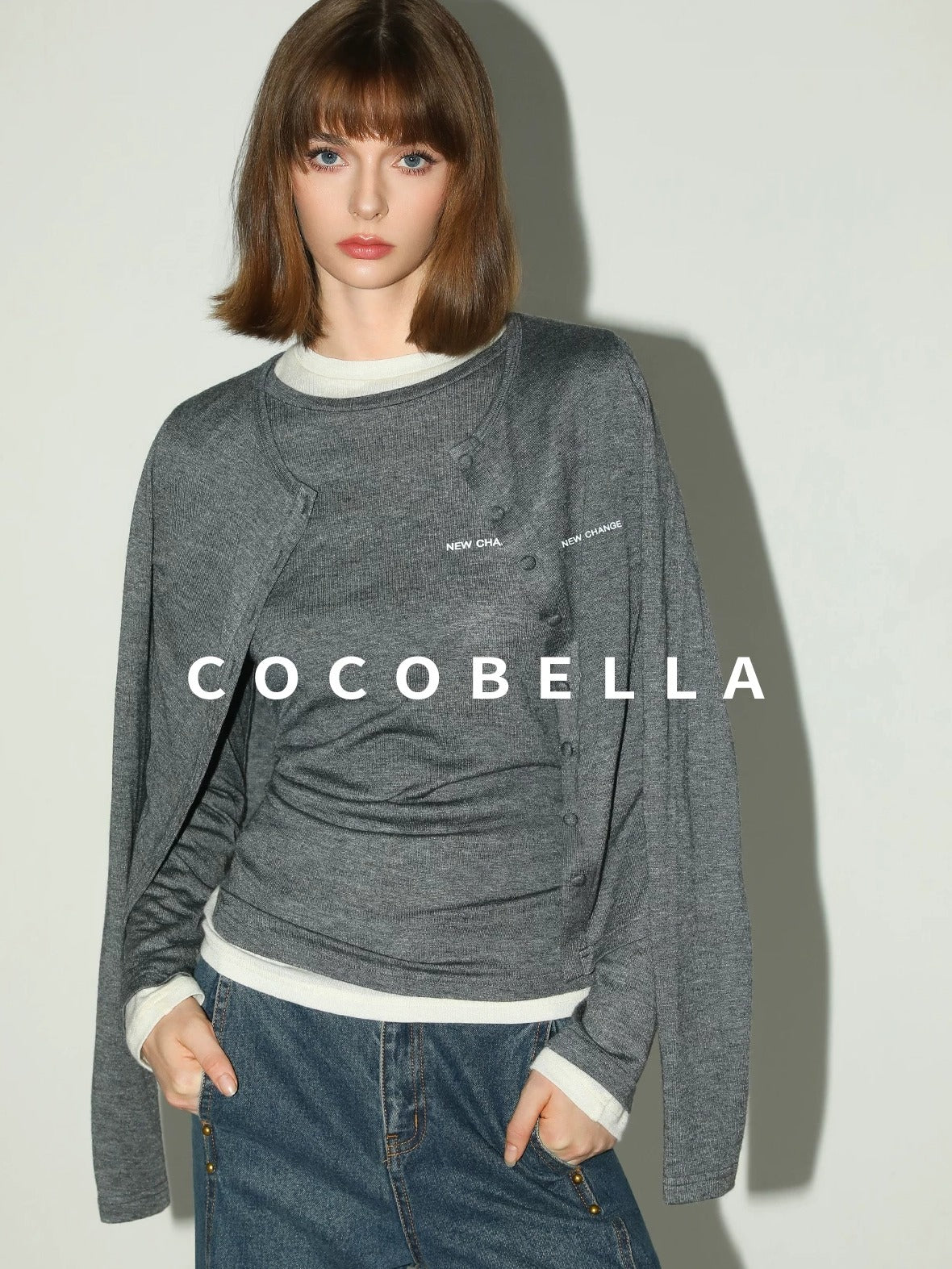 COCOBELLA Soft Wool Blend Colorblock Crewneck Straight Commuter Letter Long Sleeve Shirts