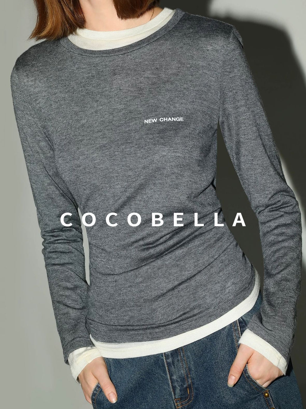 COCOBELLA Soft Wool Blend Colorblock Crewneck Straight Commuter Letter Long Sleeve Shirts