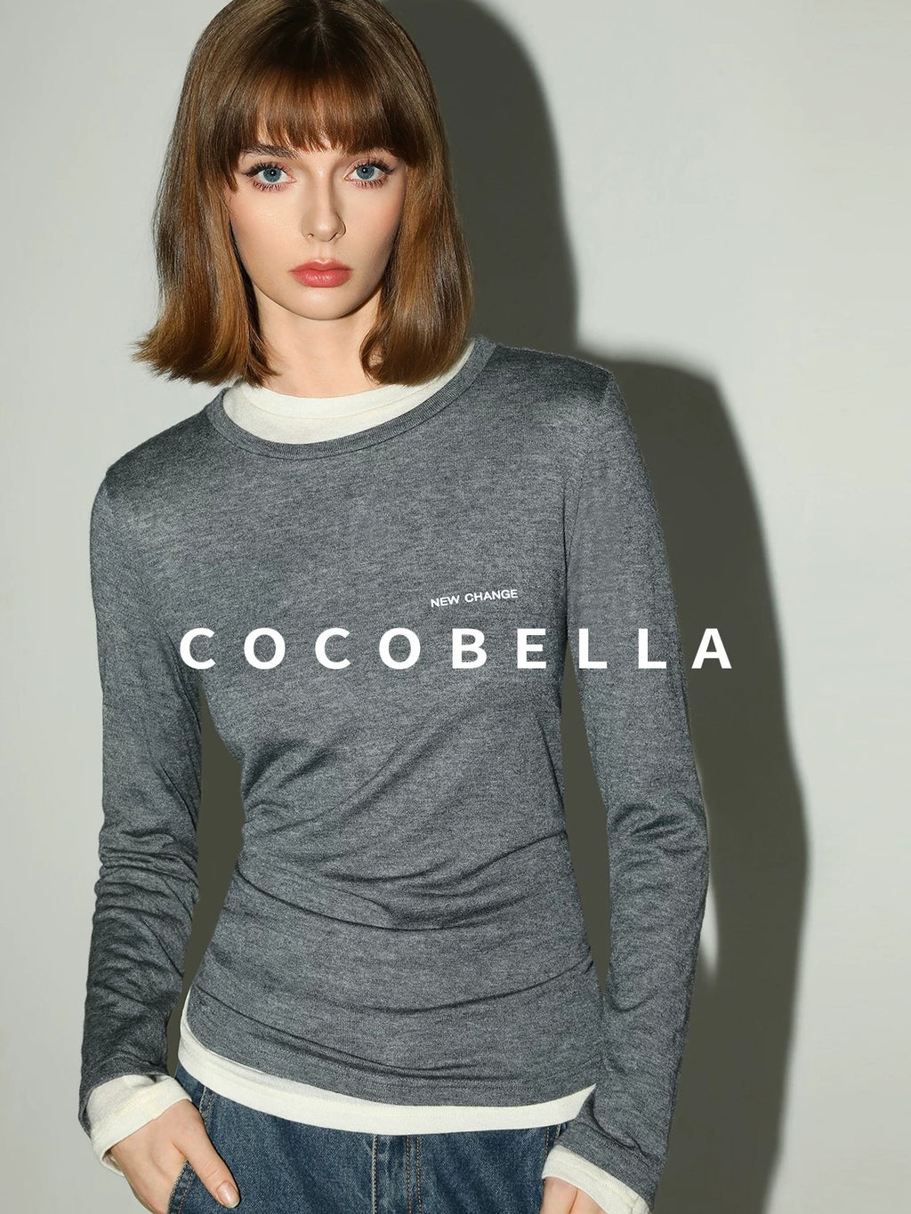 COCOBELLA Soft Wool Blend Colorblock Crewneck Straight Commuter Letter Long Sleeve Shirts