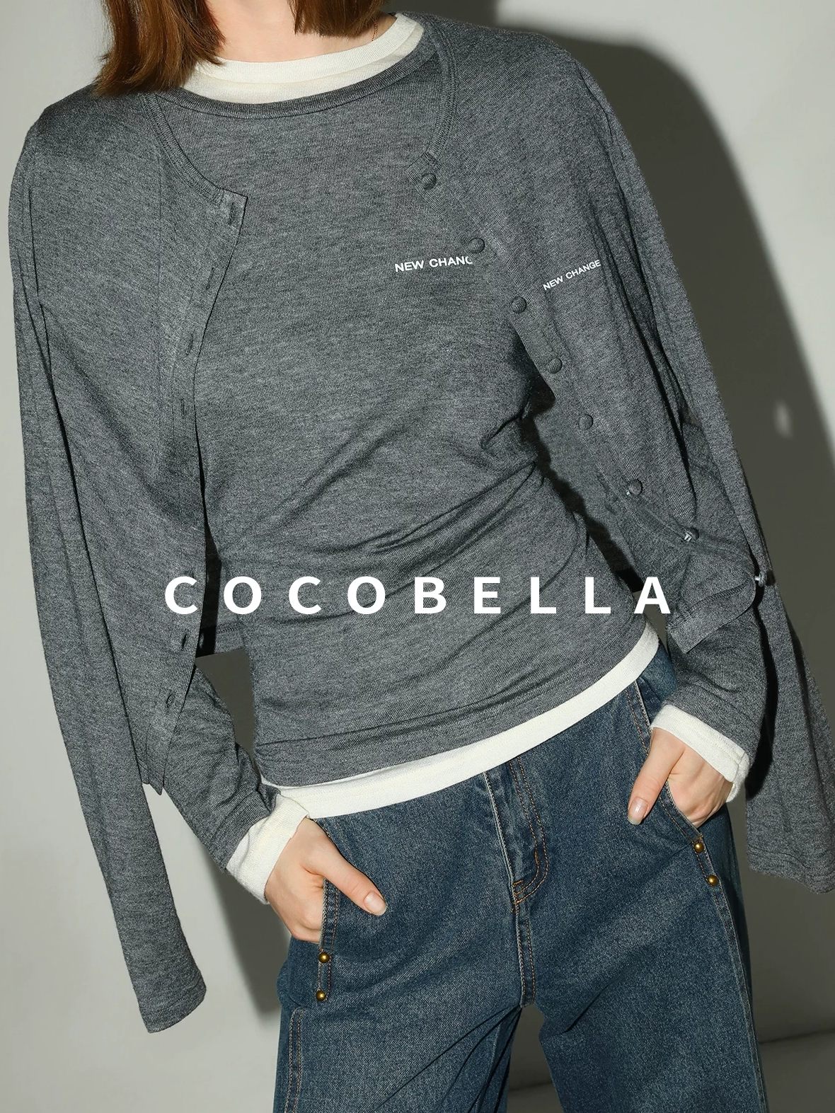 COCOBELLA Soft Wool Blend Colorblock Crewneck Straight Commuter Letter Long Sleeve Shirts