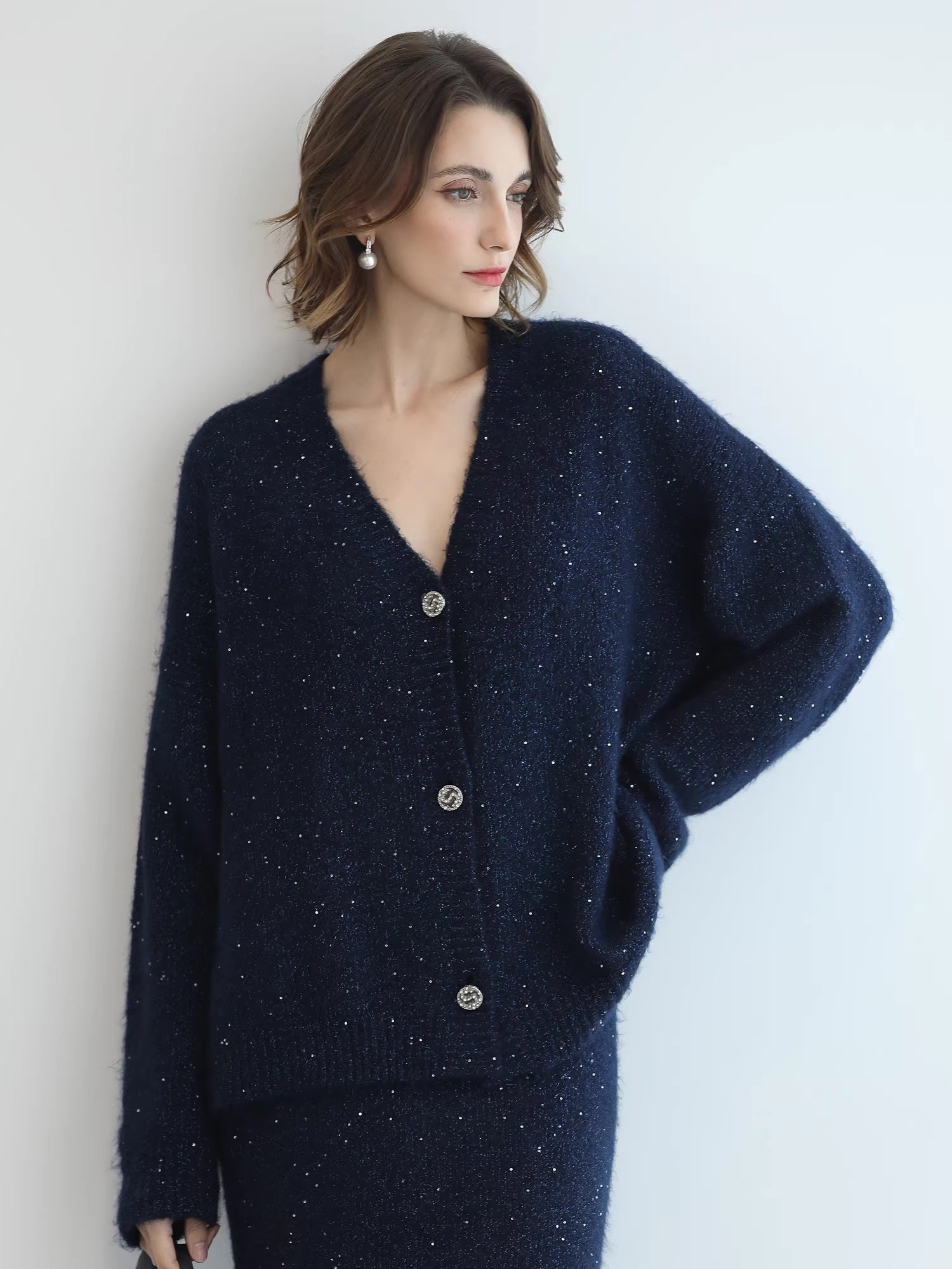 COCOBELLA_Sparkle_Button_Loose_Fit_Commuter_Cardigan_Womens_Navy_Lurex_Sequin_Sweater_MISSTT