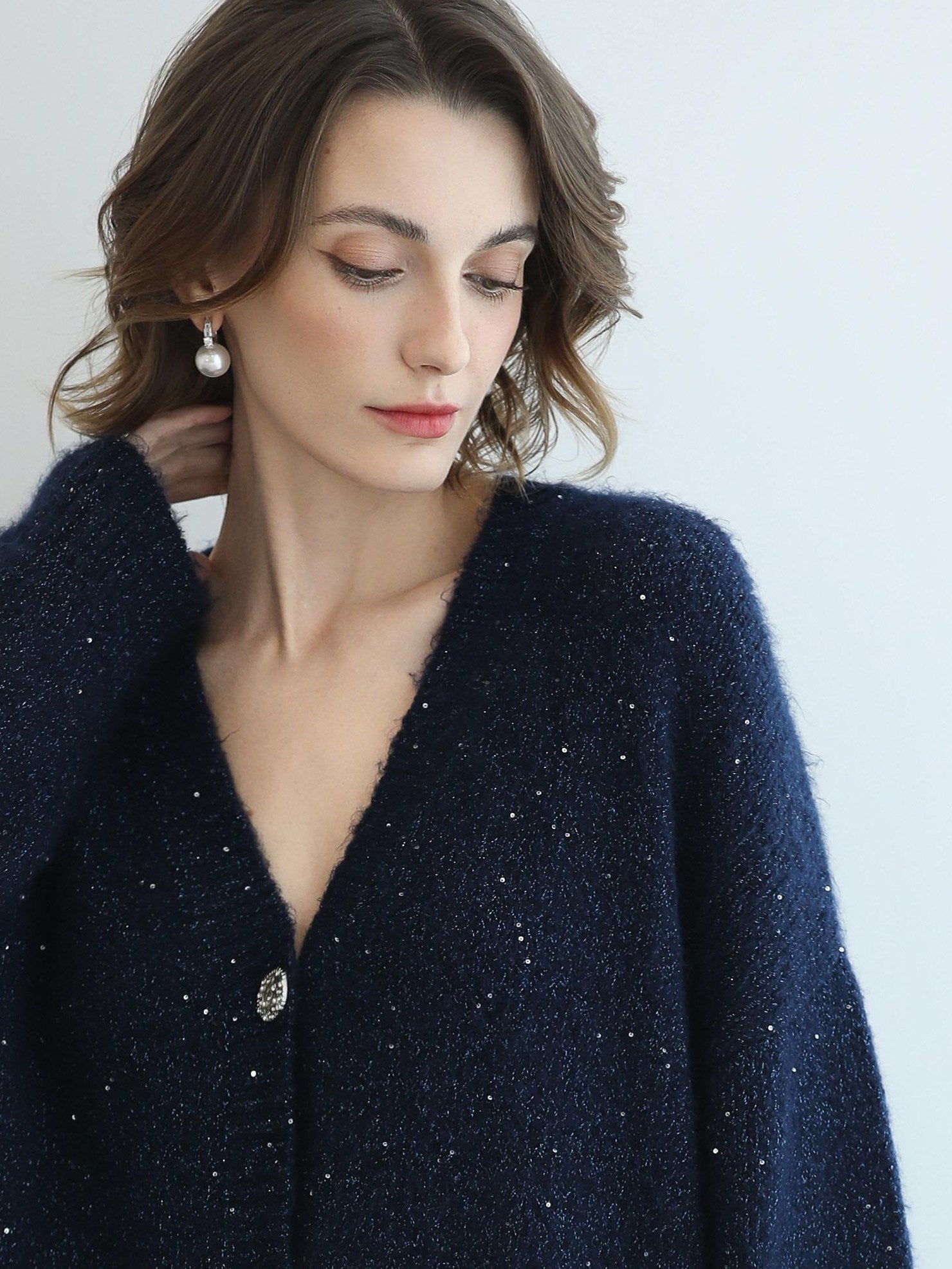 COCOBELLA Sparkle Button Loose Fit Commuter Cardigan Womens Navy Lurex Sequin Sweater
