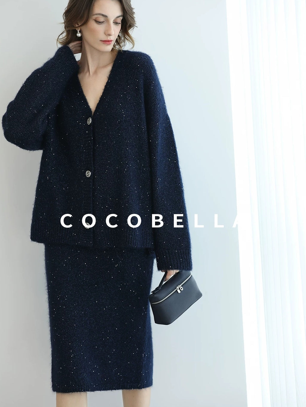 COCOBELLA Sparkle Button Loose Fit Commuter Cardigan Womens Navy Lurex Sequin Sweater