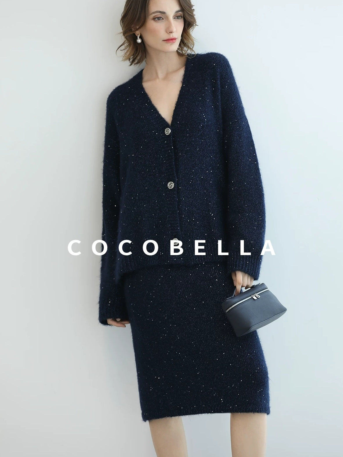 COCOBELLA Sparkle Button Loose Fit Commuter Cardigan Womens Navy Lurex Sequin Sweater