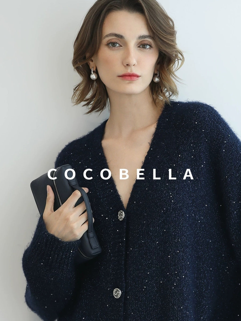 COCOBELLA Sparkle Button Loose Fit Commuter Cardigan Womens Navy Lurex Sequin Sweater