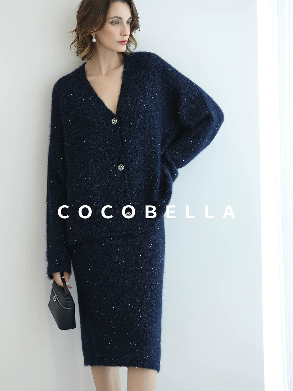 COCOBELLA Sparkle Button Loose Fit Commuter Cardigan Womens Navy Lurex Sequin Sweater