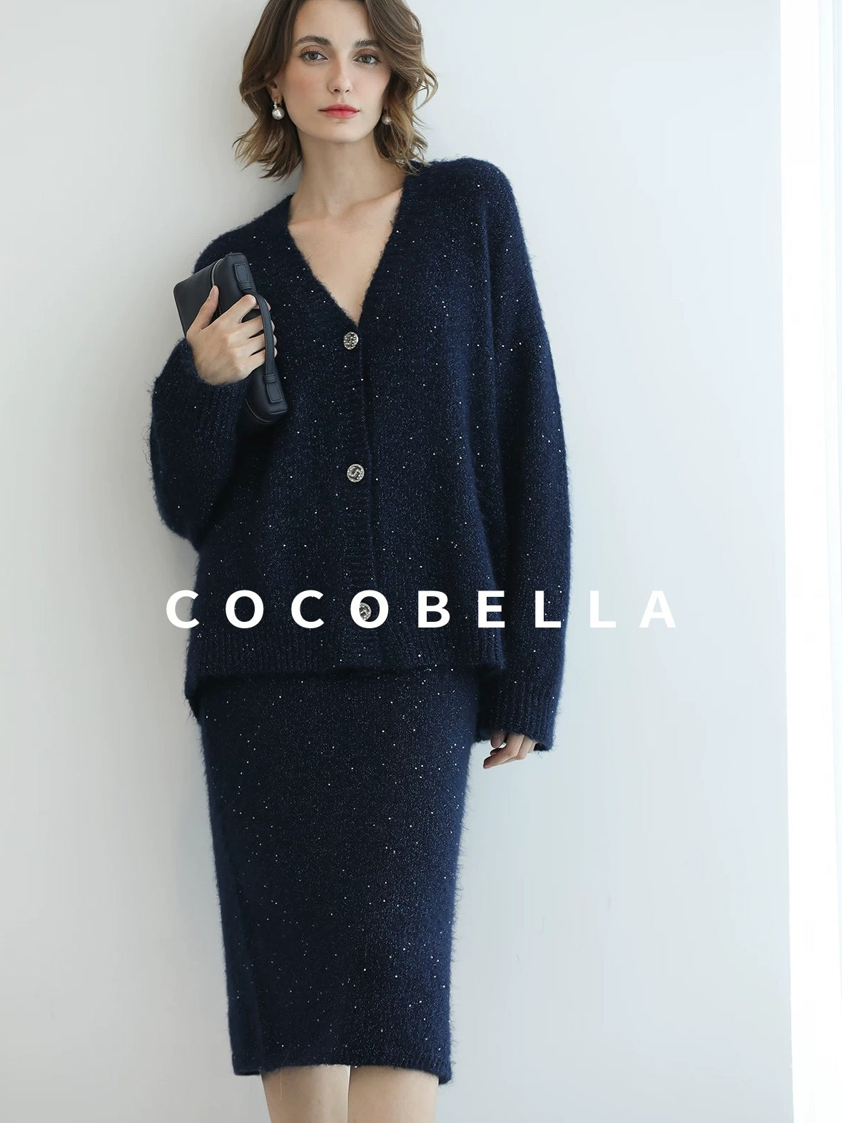 COCOBELLA Sparkle Button Loose Fit Commuter Cardigan Womens Navy Lurex Sequin Sweater