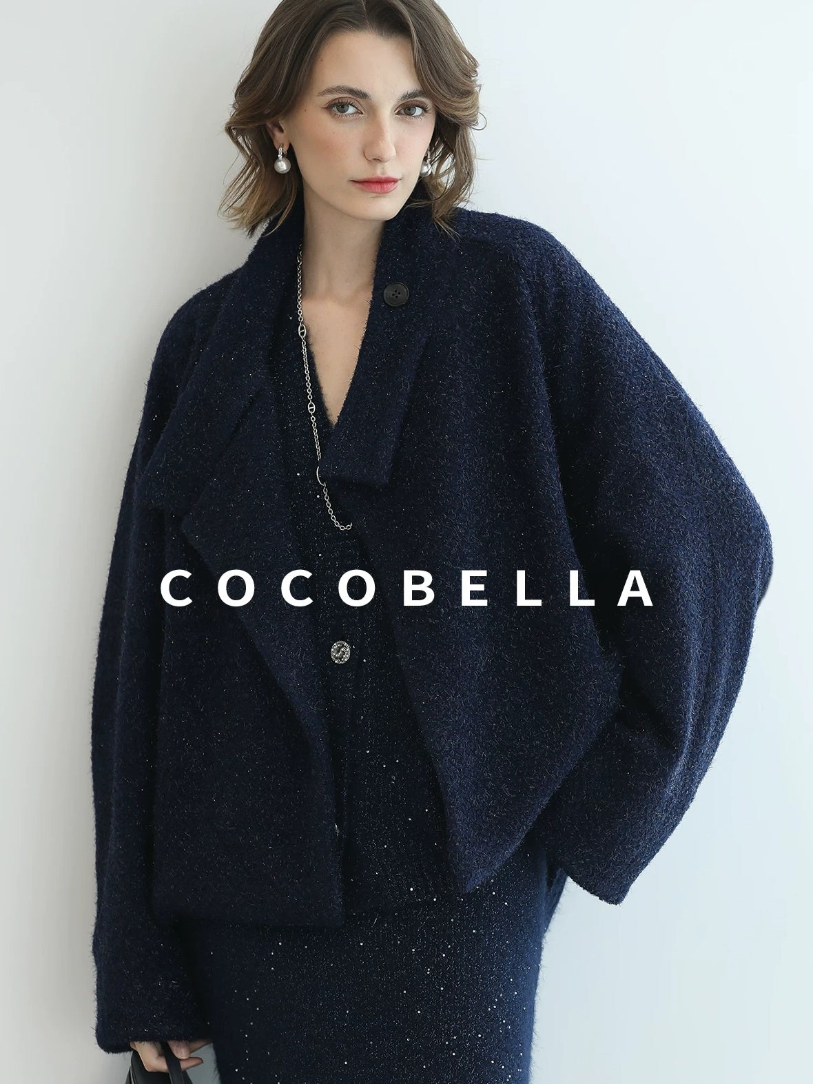 COCOBELLA Sparkle Button Loose Fit Commuter Cardigan Womens Navy Lurex Sequin Sweater
