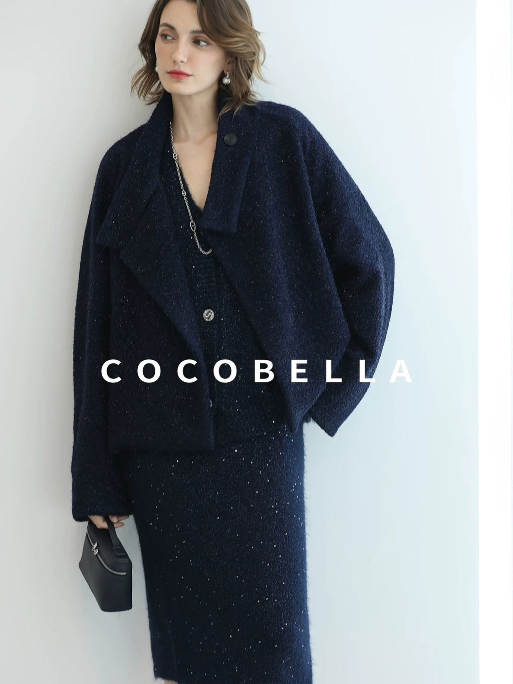 COCOBELLA Sparkle Button Loose Fit Commuter Cardigan Womens Navy Lurex Sequin Sweater
