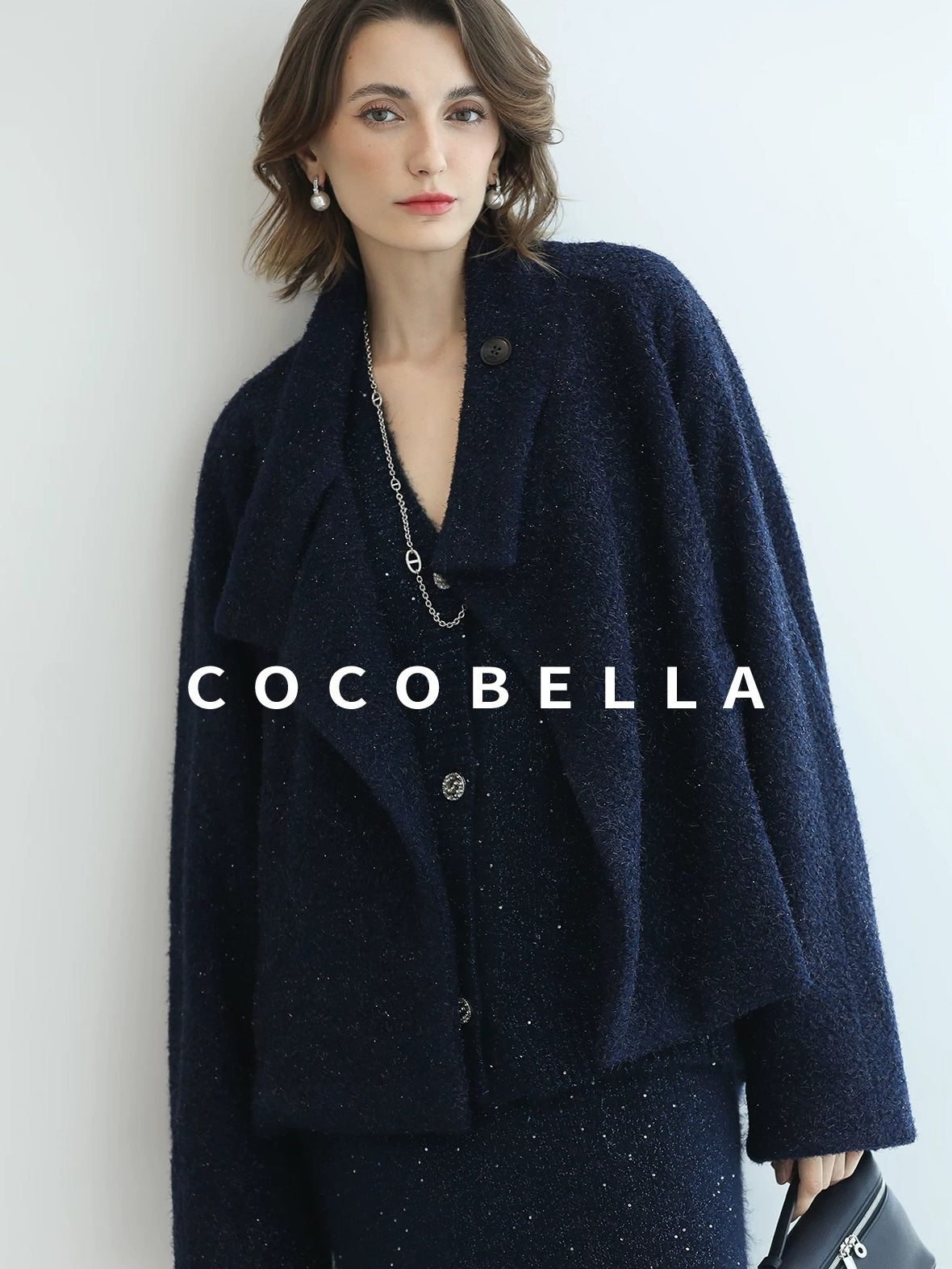 COCOBELLA Sparkle Button Loose Fit Commuter Cardigan Womens Navy Lurex Sequin Sweater