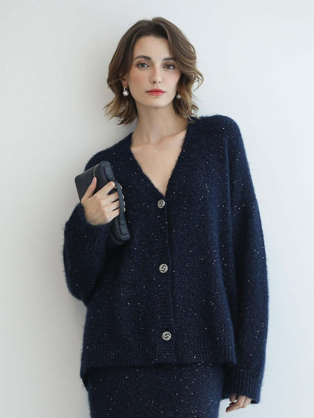 COCOBELLA Sparkle Button Loose Fit Commuter Cardigan Womens Navy Lurex Sequin Sweater